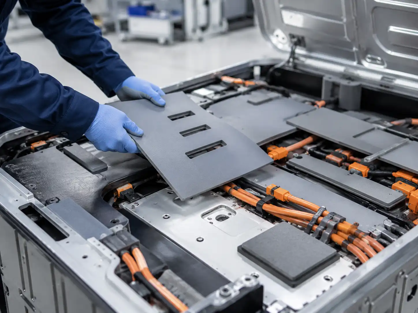 Thermal & Electrical Insulation Technician placing a thermal insulation panel inside an electrical module assembly with orange cables and silicone insulation pads in a clean industrial setting